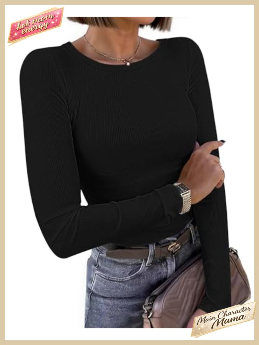 Women's Long Sleeve Ribbed Knit Slim Fit Crewneck T-Shirt Top
